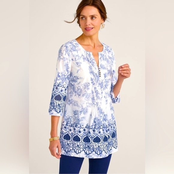 Soft Surroundings Tops - Soft Surroundings Nimes Blue & White Toile Embroidered Floral Tunic XL